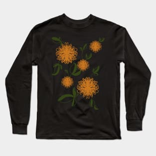 Vintage Autumn Flower Pattern Over Black Long Sleeve T-Shirt